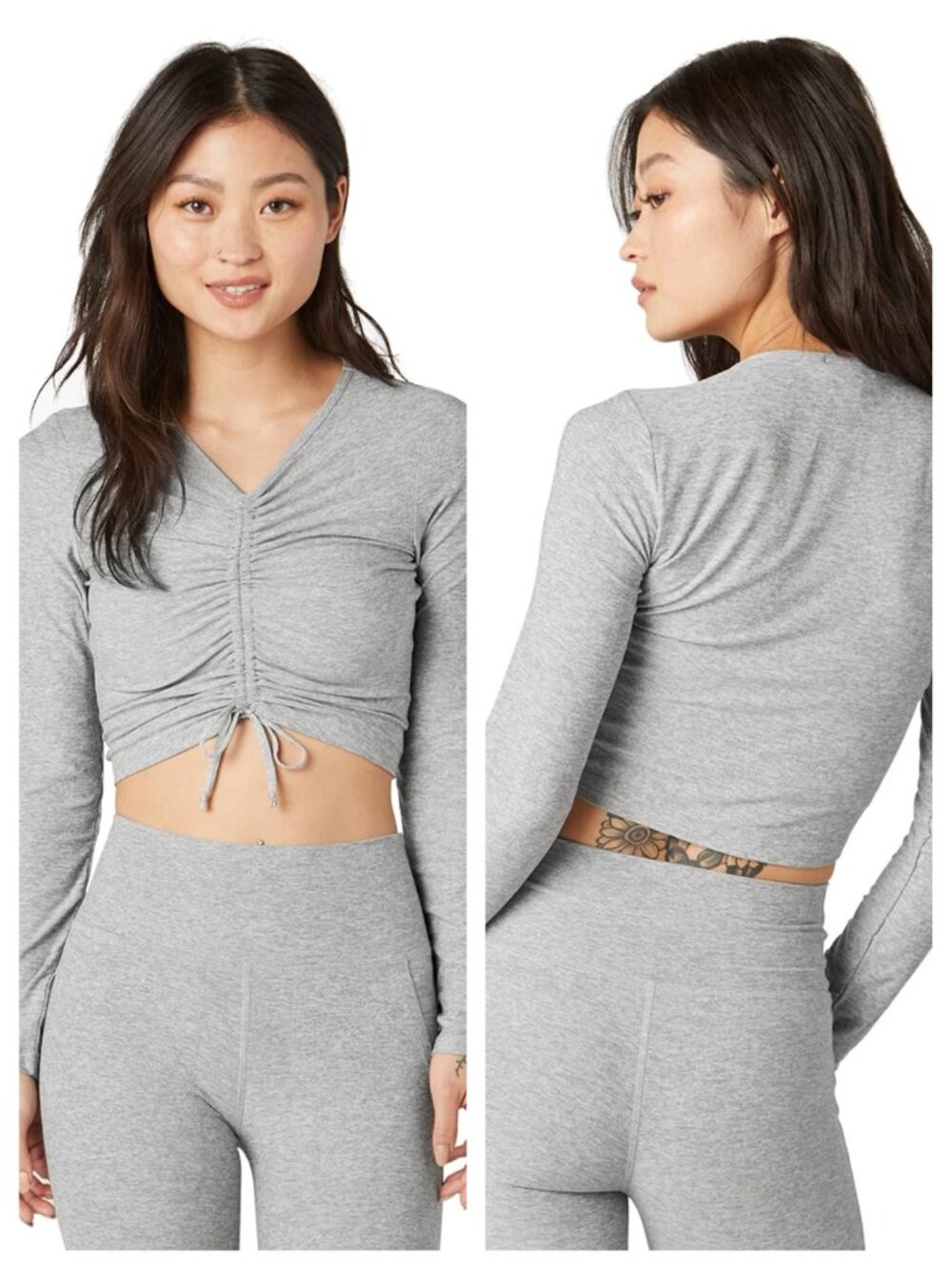 Beyond Yoga Featherweight Scrunch It Up Cropped Pullover Long Sleeve Top XL Gray